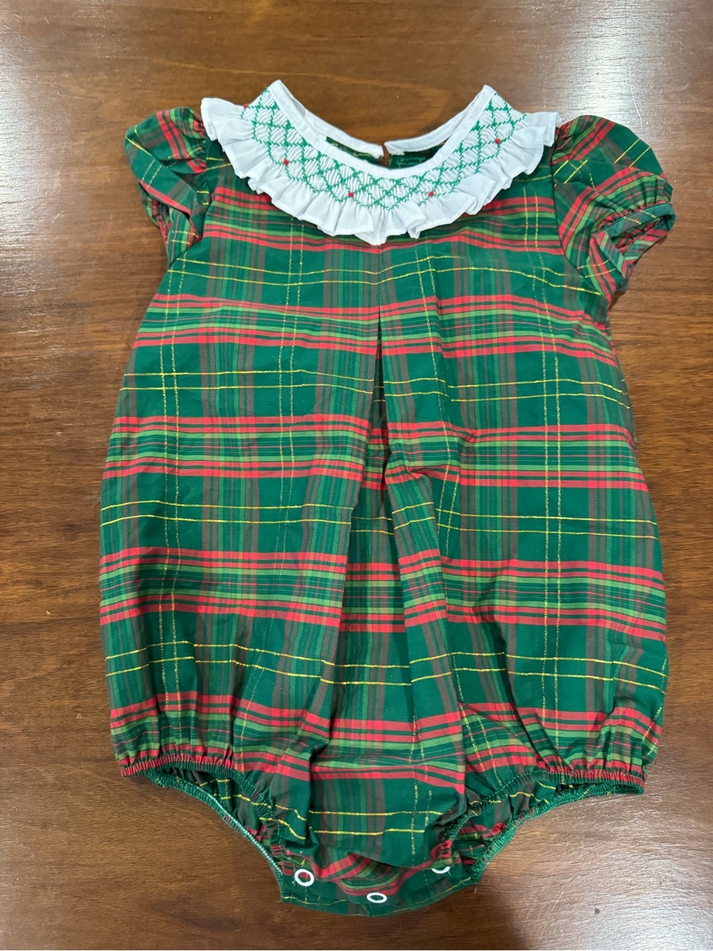 Classic Green Plaid Baby Bubble Romper with White Ruffle Collar